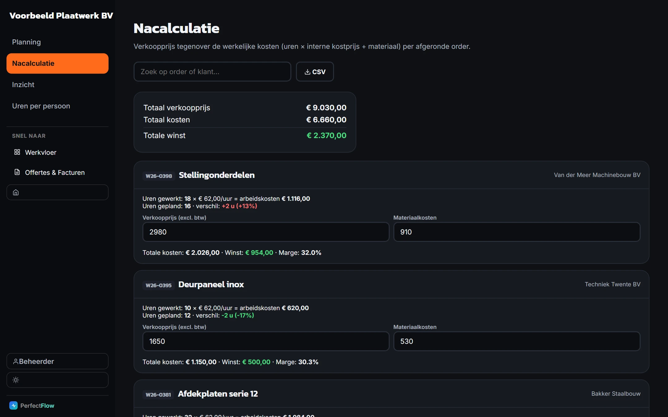 Nacalculatie per order